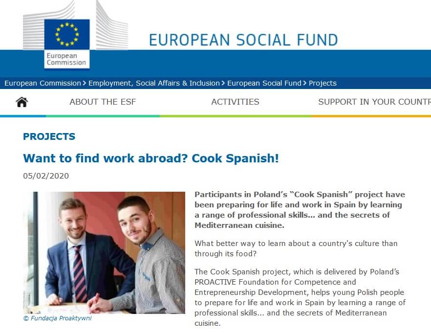 Prezentacja szkolenia i projektu Gotuj po hiszpańsku na stronach Komisji Europejskiej